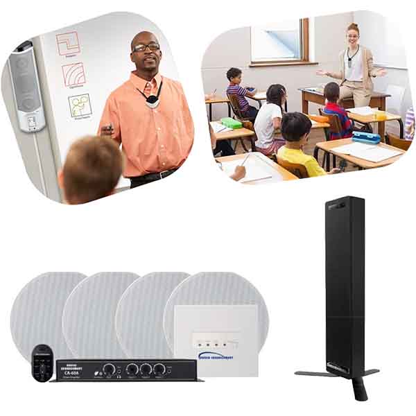 Collage of classroom audio solutions