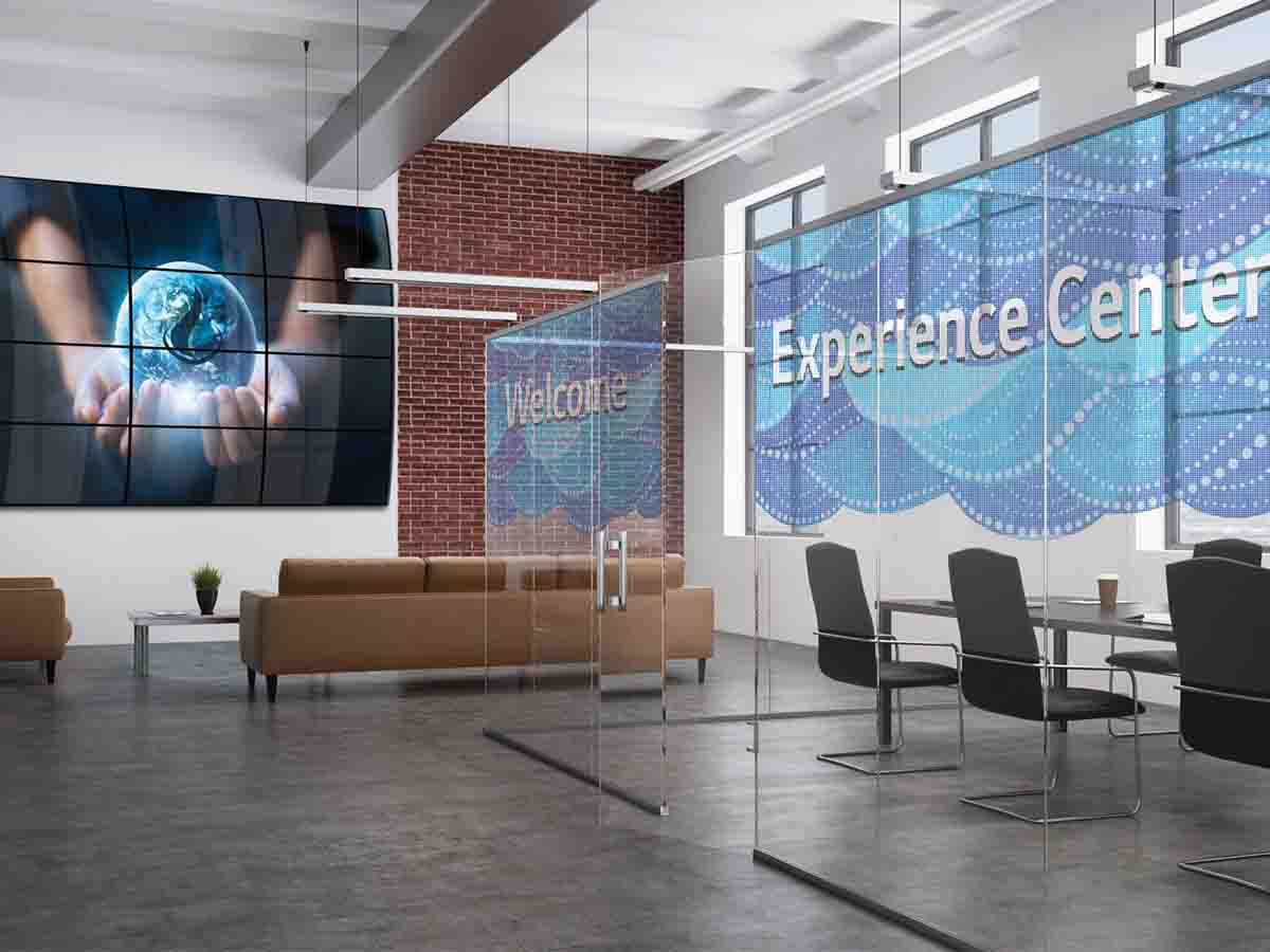 Conference center with large video wall and projector