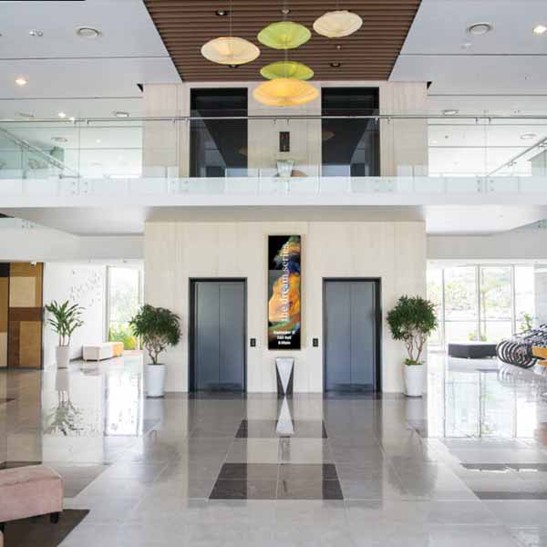 hotel lobby elevators with digital signage