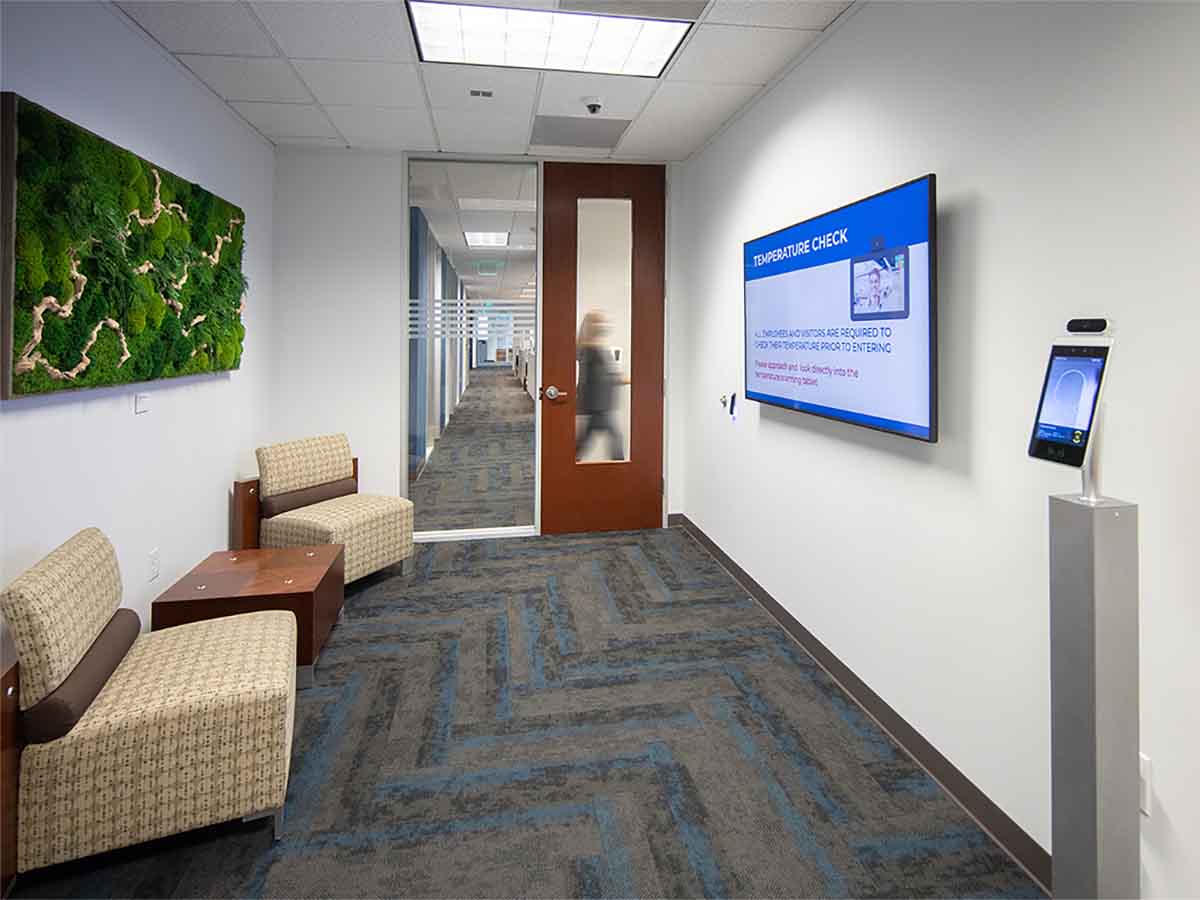 Office lobby with temperature scanning kiosk