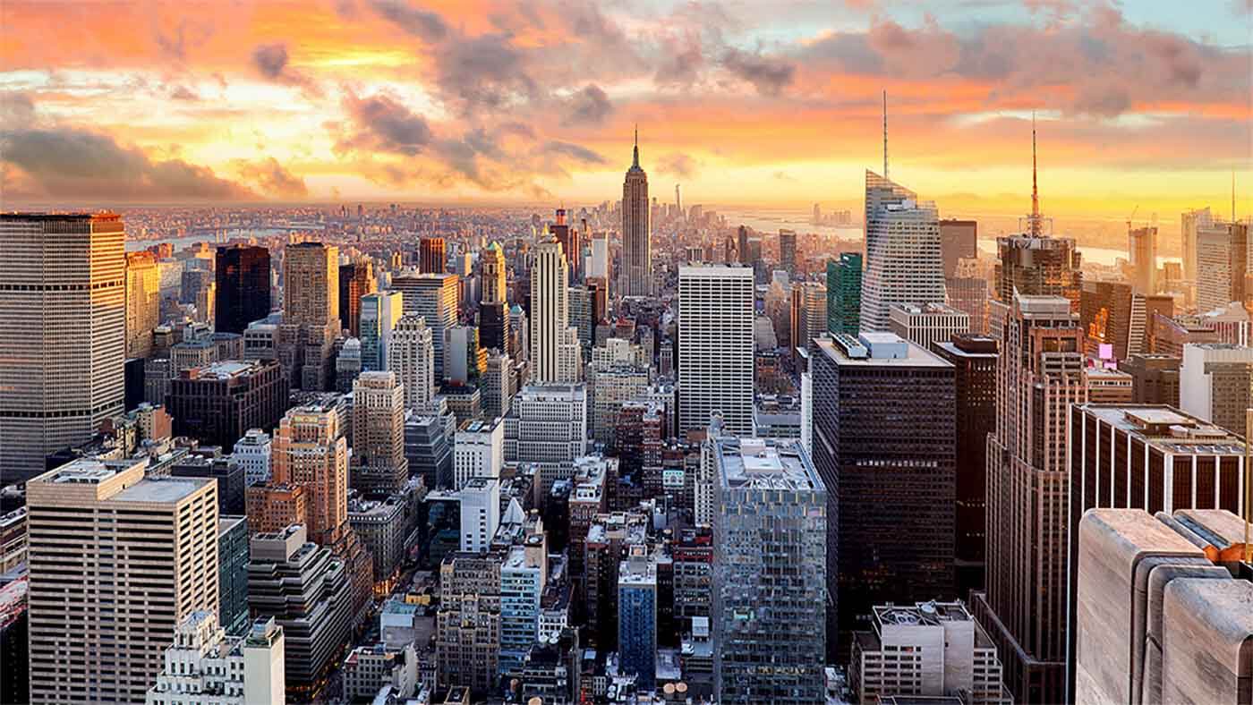 New York City skyline at sunset